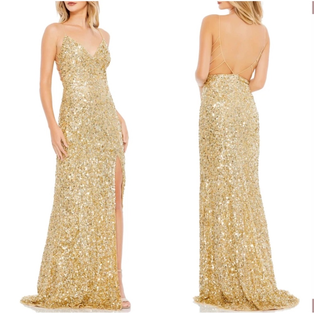 Mac Duggal Glittering Gold Backless Gown
